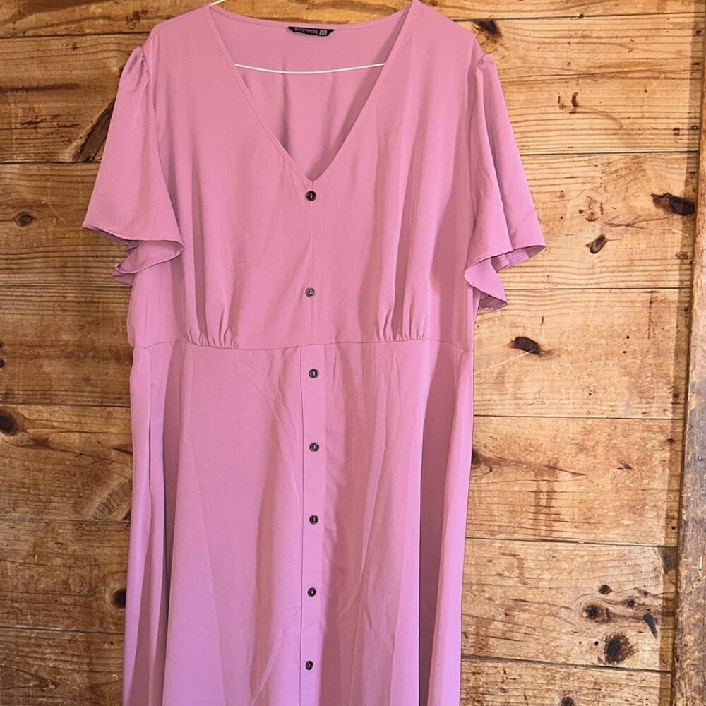 Bloomchic Elegant Pink Faux Button-Down Dress Flutter Sleeves